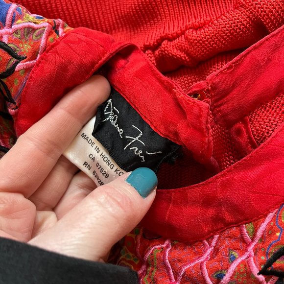 Vintage Diane Freis Long Sleeve Mixed Media Blouse Statement Collar Silk Red - Picture 11 of 12